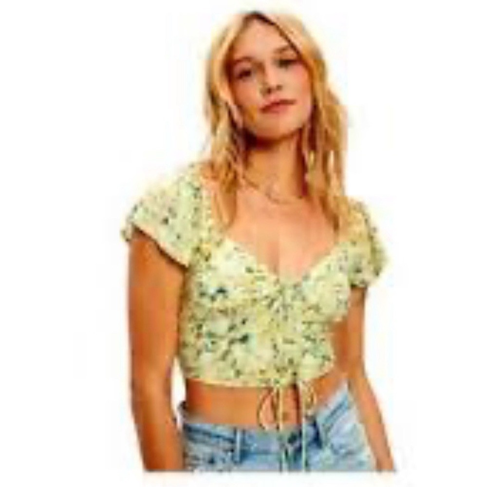 *AMERICAN EAGLE* Yellow, Green & White Crop Top - Large‎ - NWT Smocked Front Tie